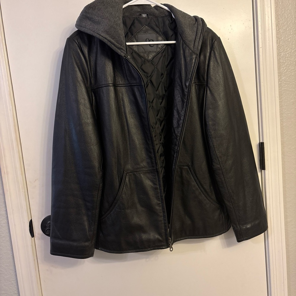 Men's Black Leather Jacket with Hood